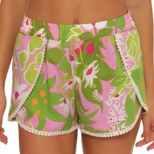 Trina Turk Pink and Green Floral la Palma Pom Pom Shorts